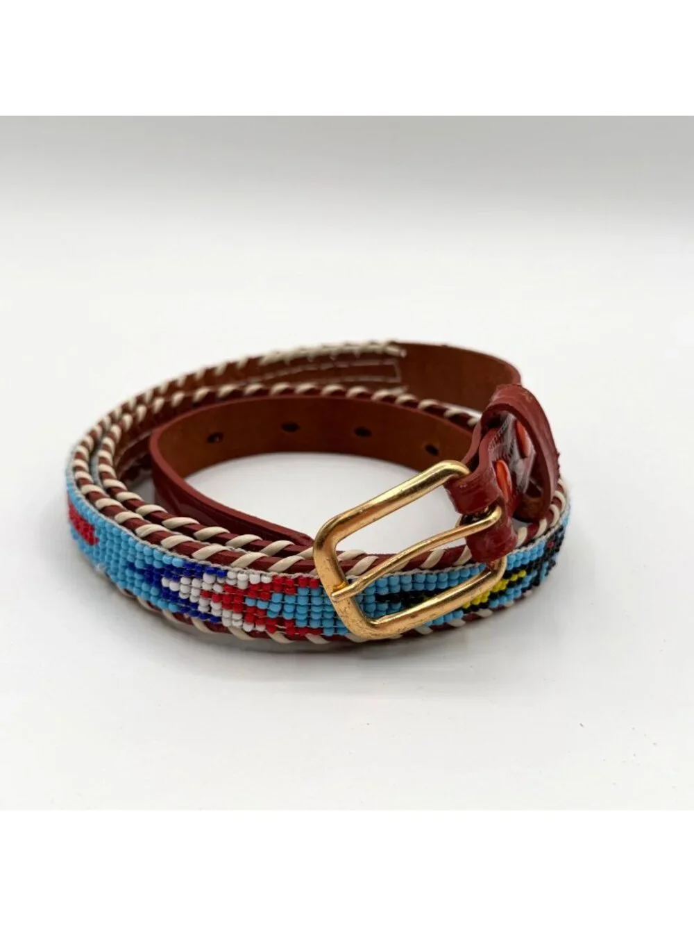 Vintage Brown Leather Southwestern Seed Bead Whip Stitch Western Style Belt